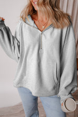 Pocketed Half Zip Dropped Shoulder Hoodie OutfitFlow