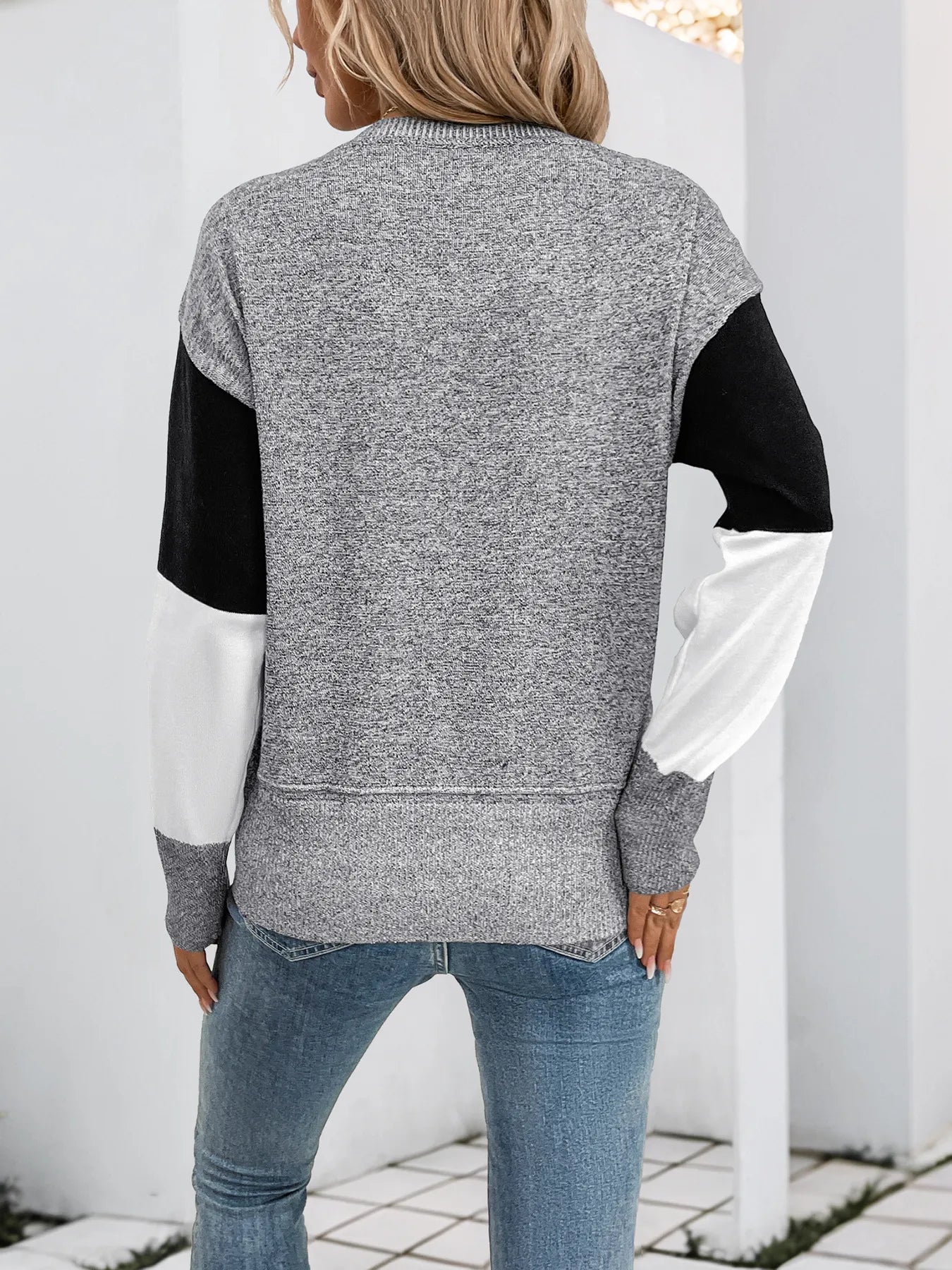 Color Block Knit Long Sleeve Sweater OutfitFlow