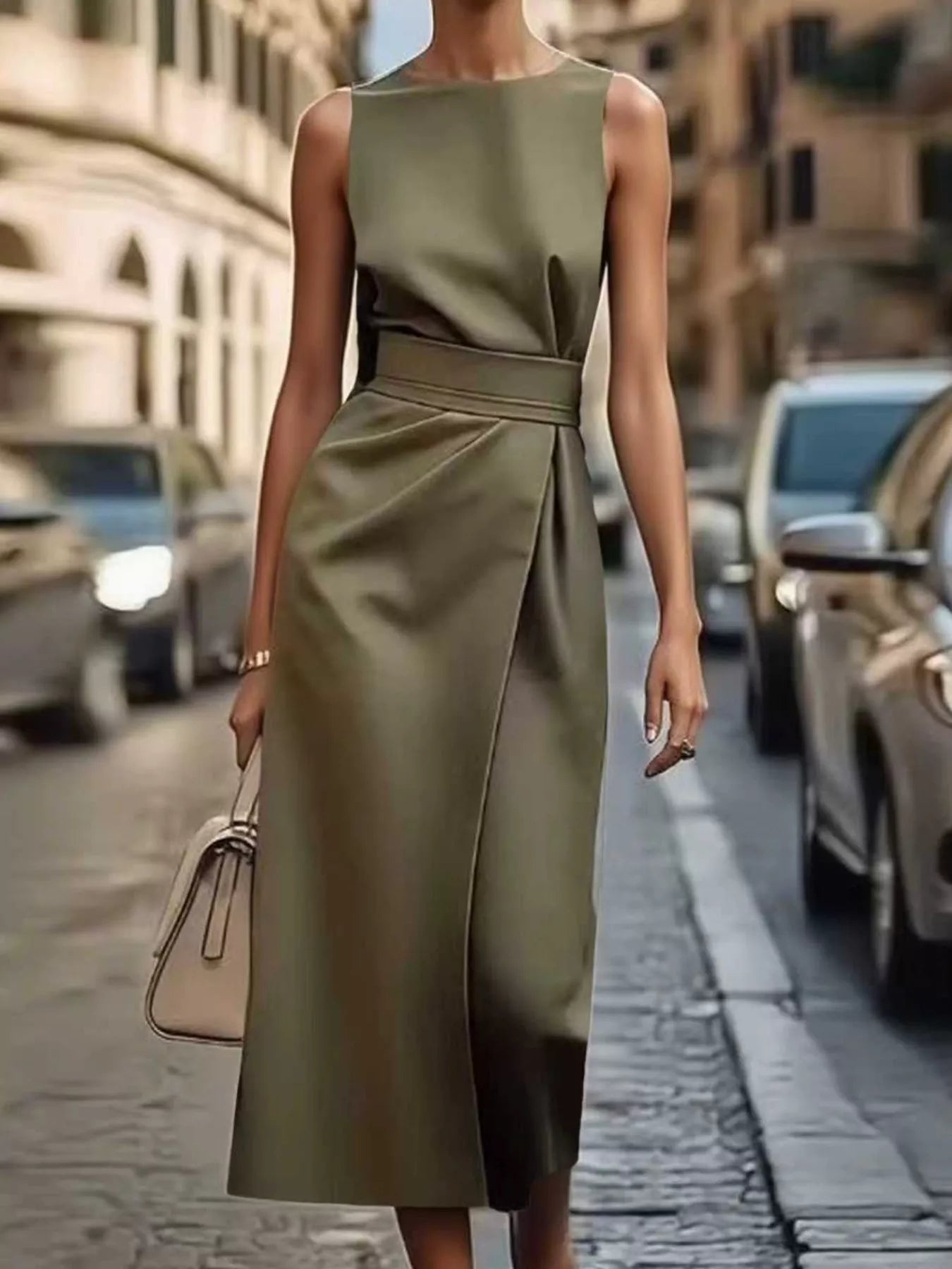 Round Neck Sleeveless Midi Dress Green OutfitFlow