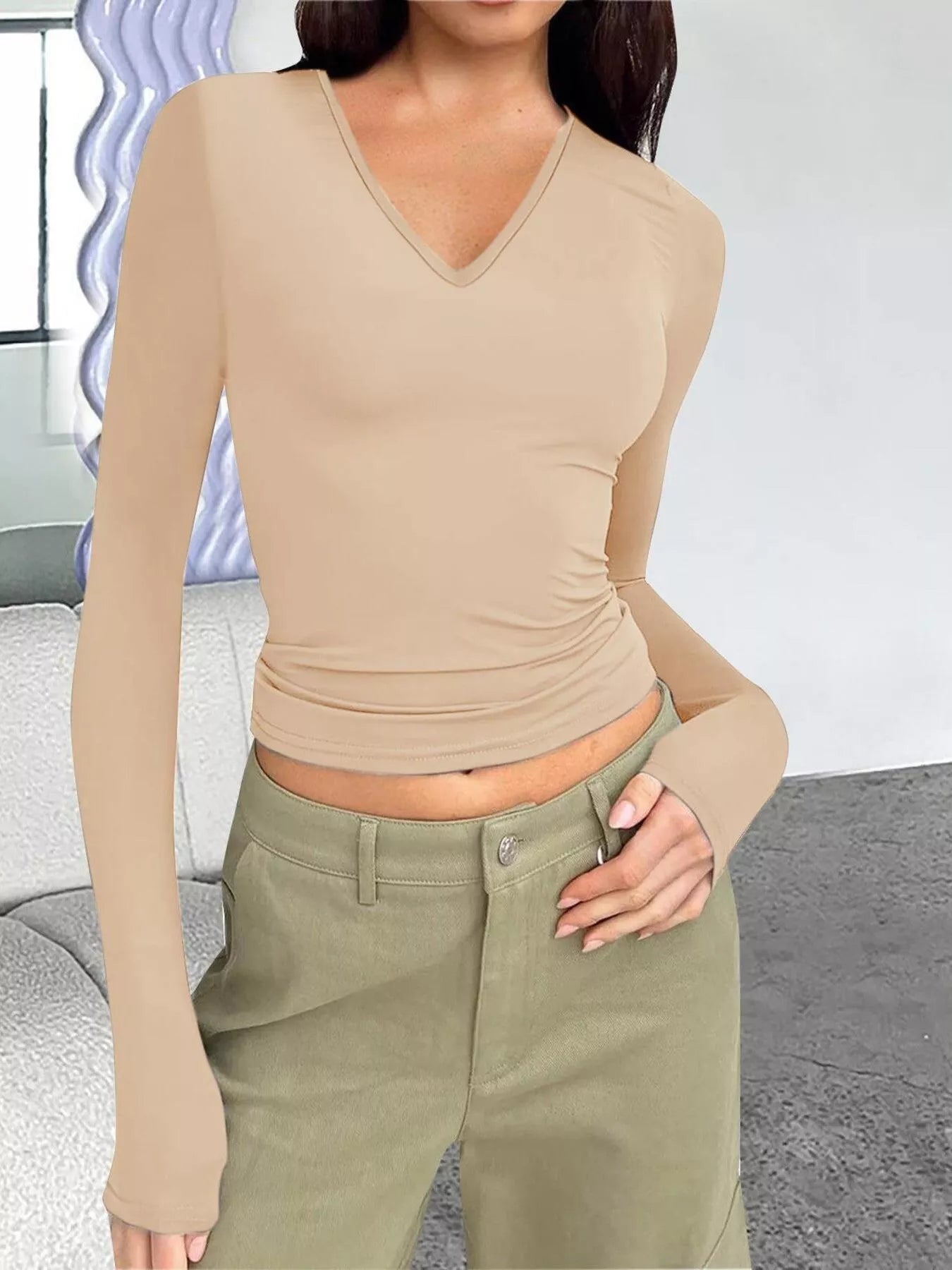 Full Size Slim Fit V-Neck Long Sleeve T-Shirt Plus Size Trendsi