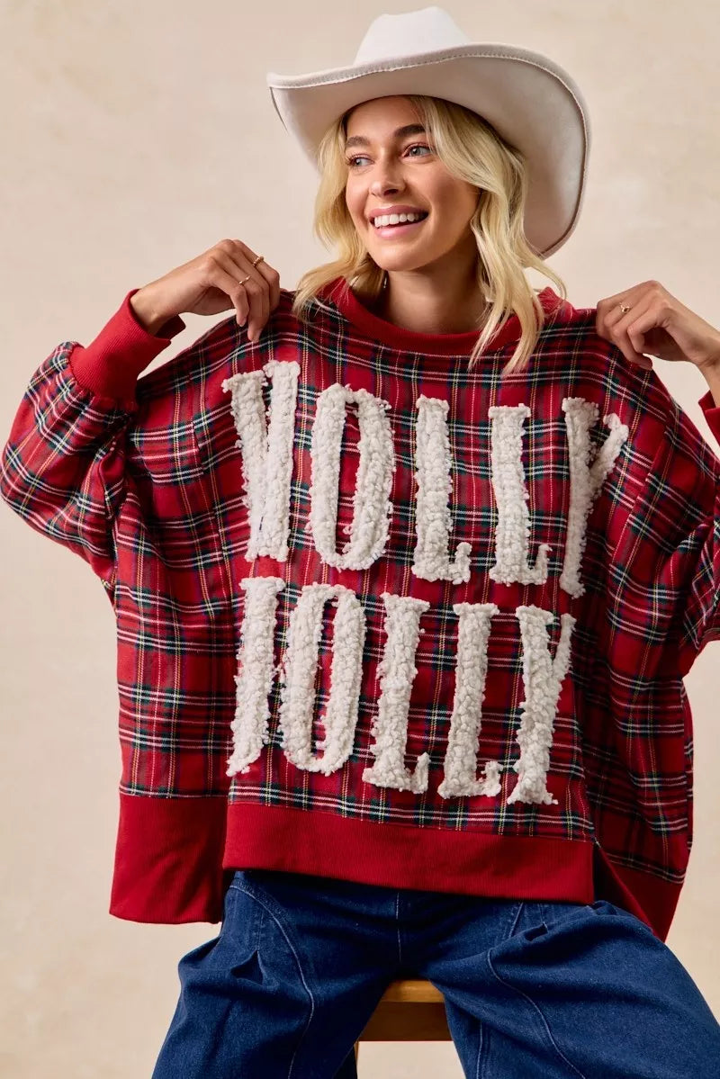 BiBi Holly Jolly Christmas Plaid Oversized Sweatshirt OutfitFlow