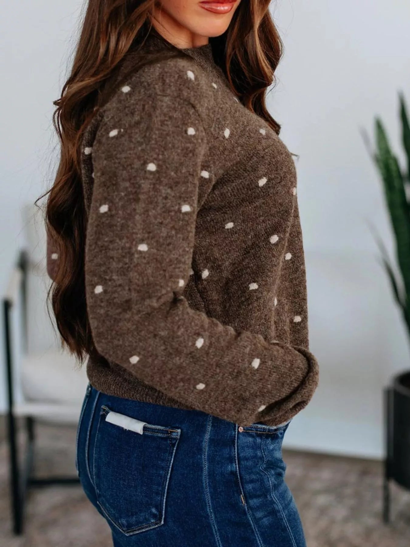 Dotted Print Ribbed Edge Knit Sweater OutfitFlow