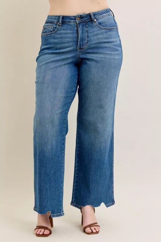 Judy Blue Full Size High Waist Tummy Control Chew Hem Destroy Wide Jeans Plus Size OutfitFlow