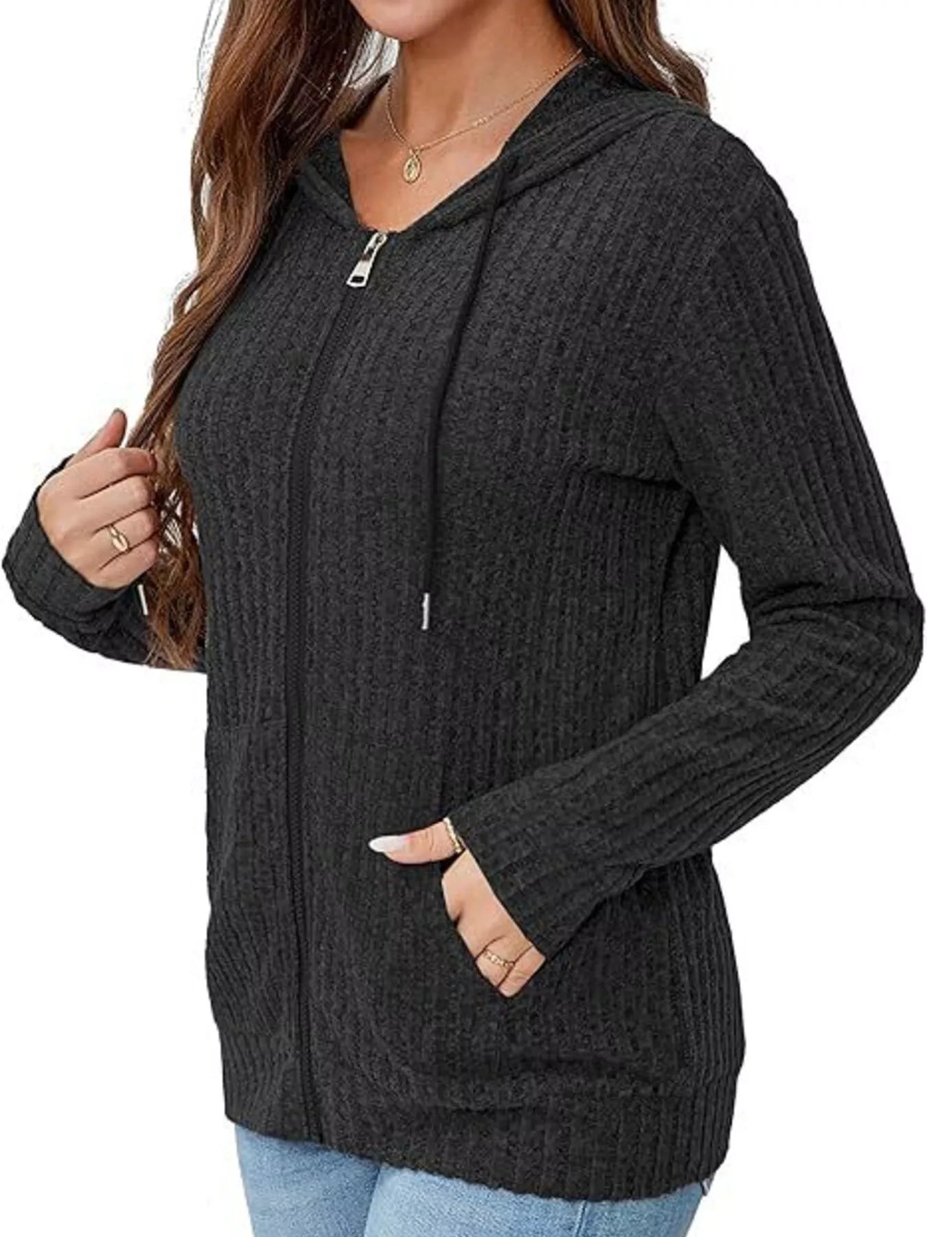 Ribbed Zip Up Hooded Outerwear Black Trendsi