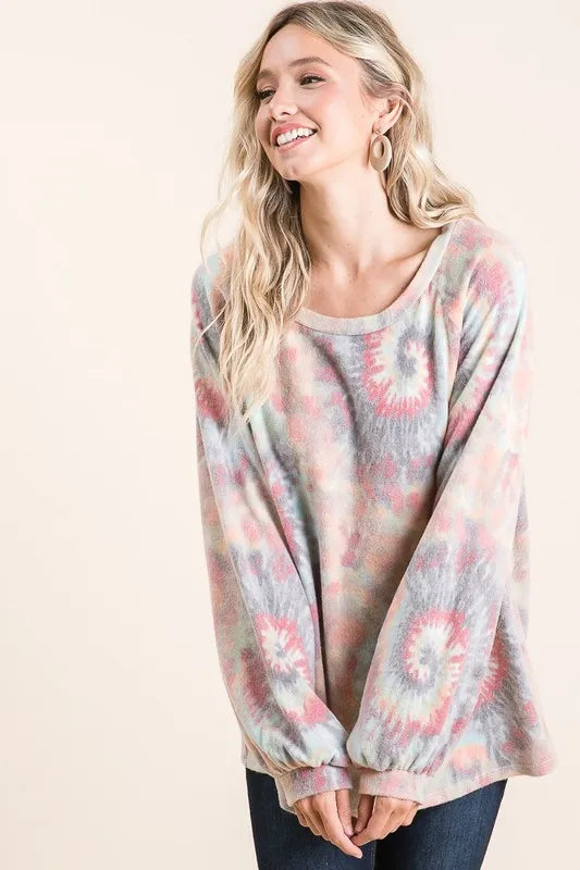 BiBi Brushed Tie Dye Print Top with Puff Sleeves OutfitFlow