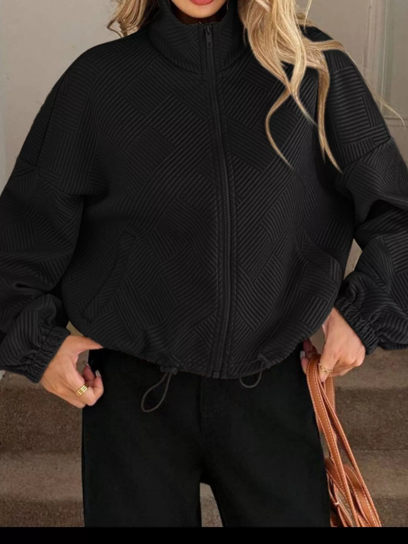 Textured Zip-Up Drawstring Hem Jacket Trendsi