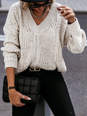 V-Neck Cable-Knit Long Sleeve Sweater OutfitFlow