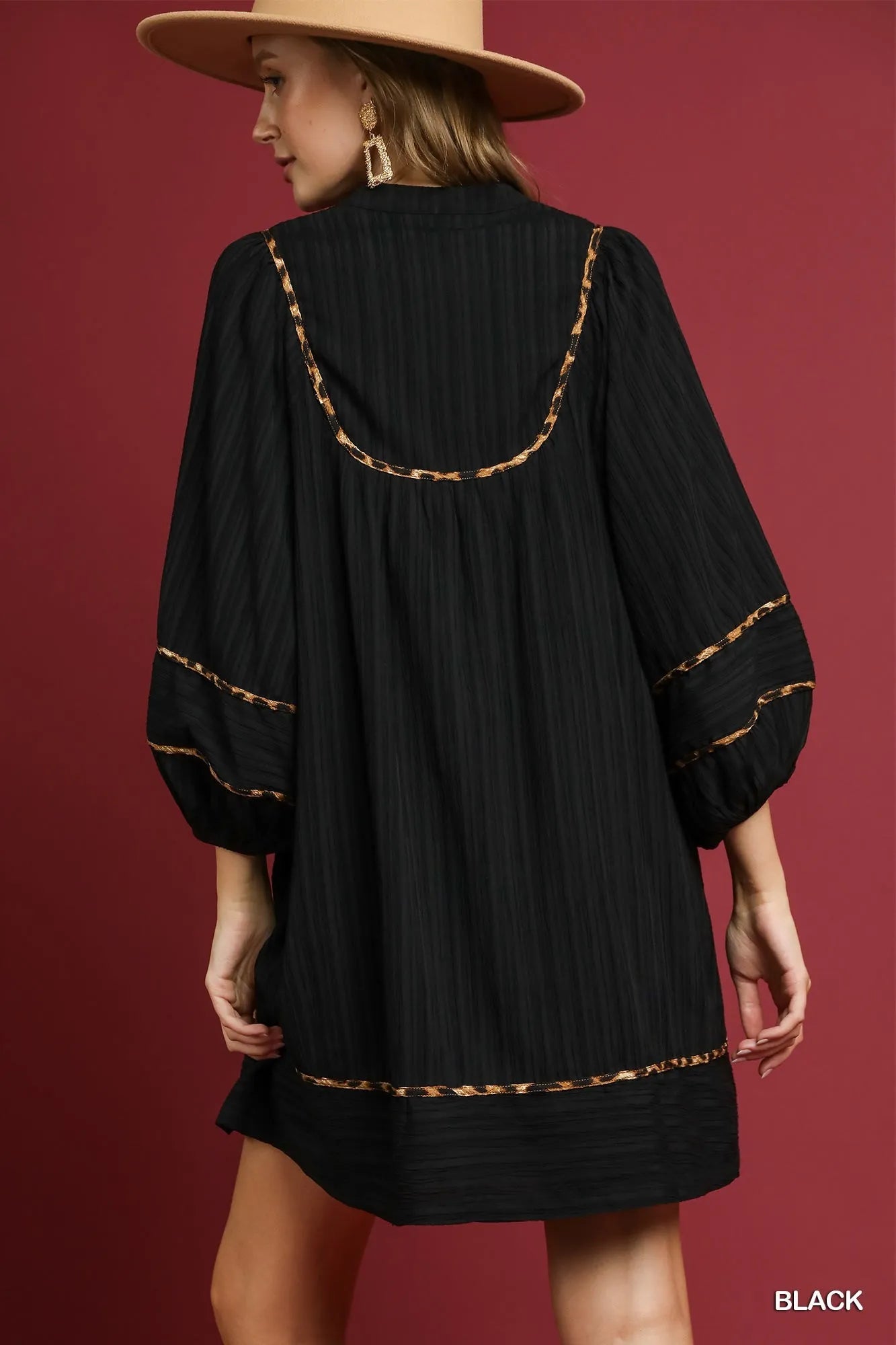 Umgee Full Size Textured Babydoll Dress with Leopard Trim Plus Size OutfitFlow