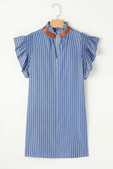 Stripe Frilly Split Neck Shirred Ruffle Sleeve Short Shift Dress OutfitFlow