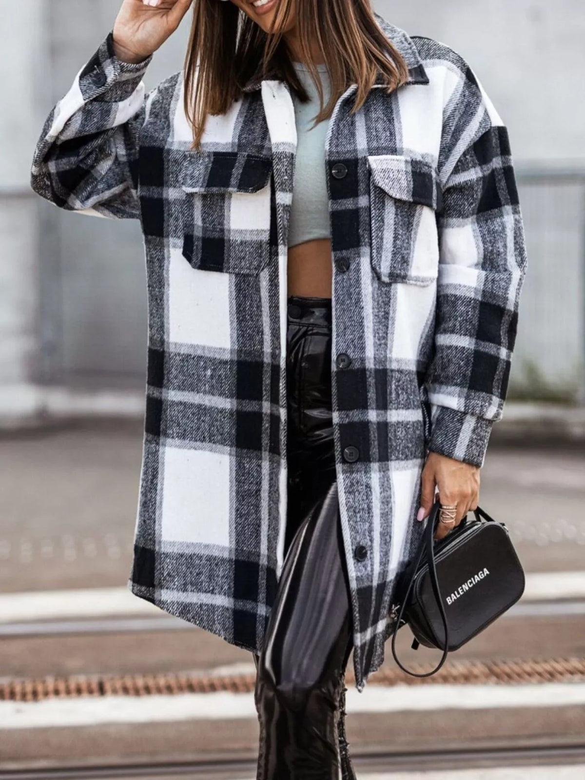 Button Down Collared Neck Plaid Flannel Shacket Black Trendsi