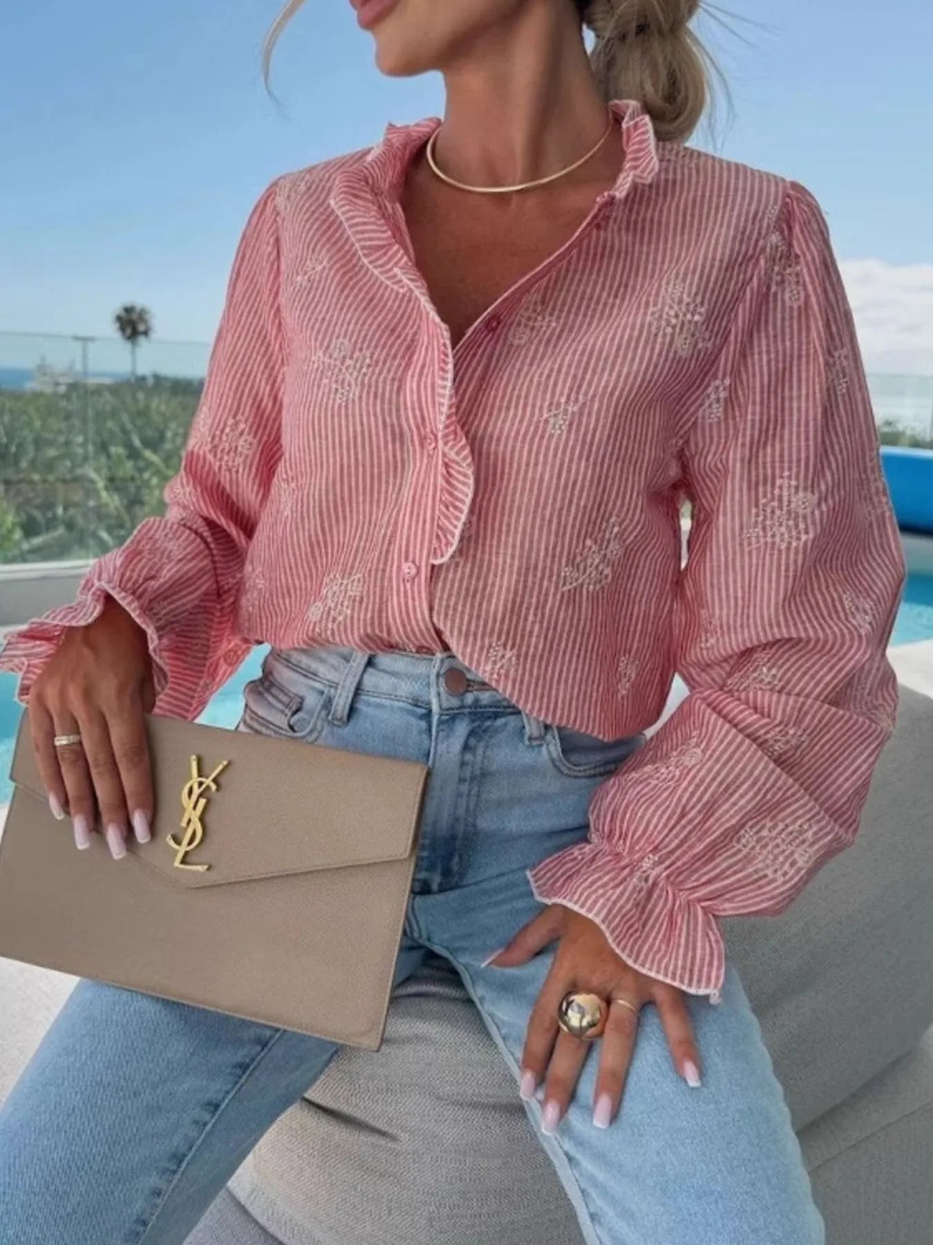Button Up Flounce Sleeve Shirt OutfitFlow