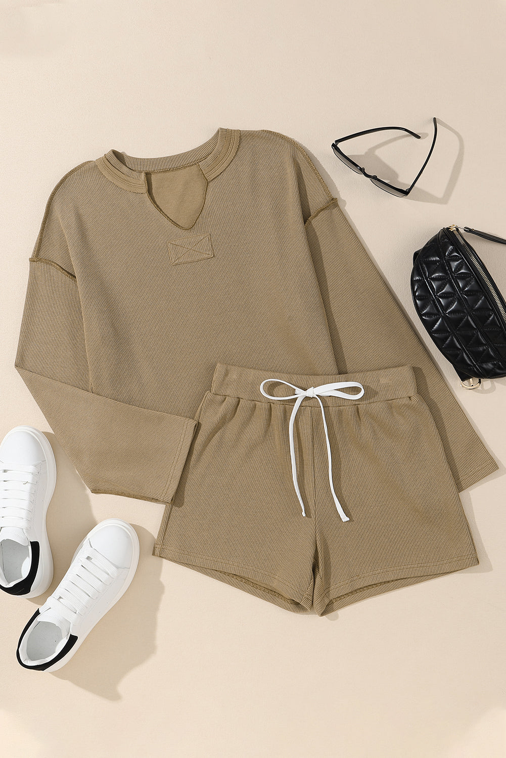 Outfit Flow - Exposed Seam Long Sleeve Top and Drawstring Shorts Set