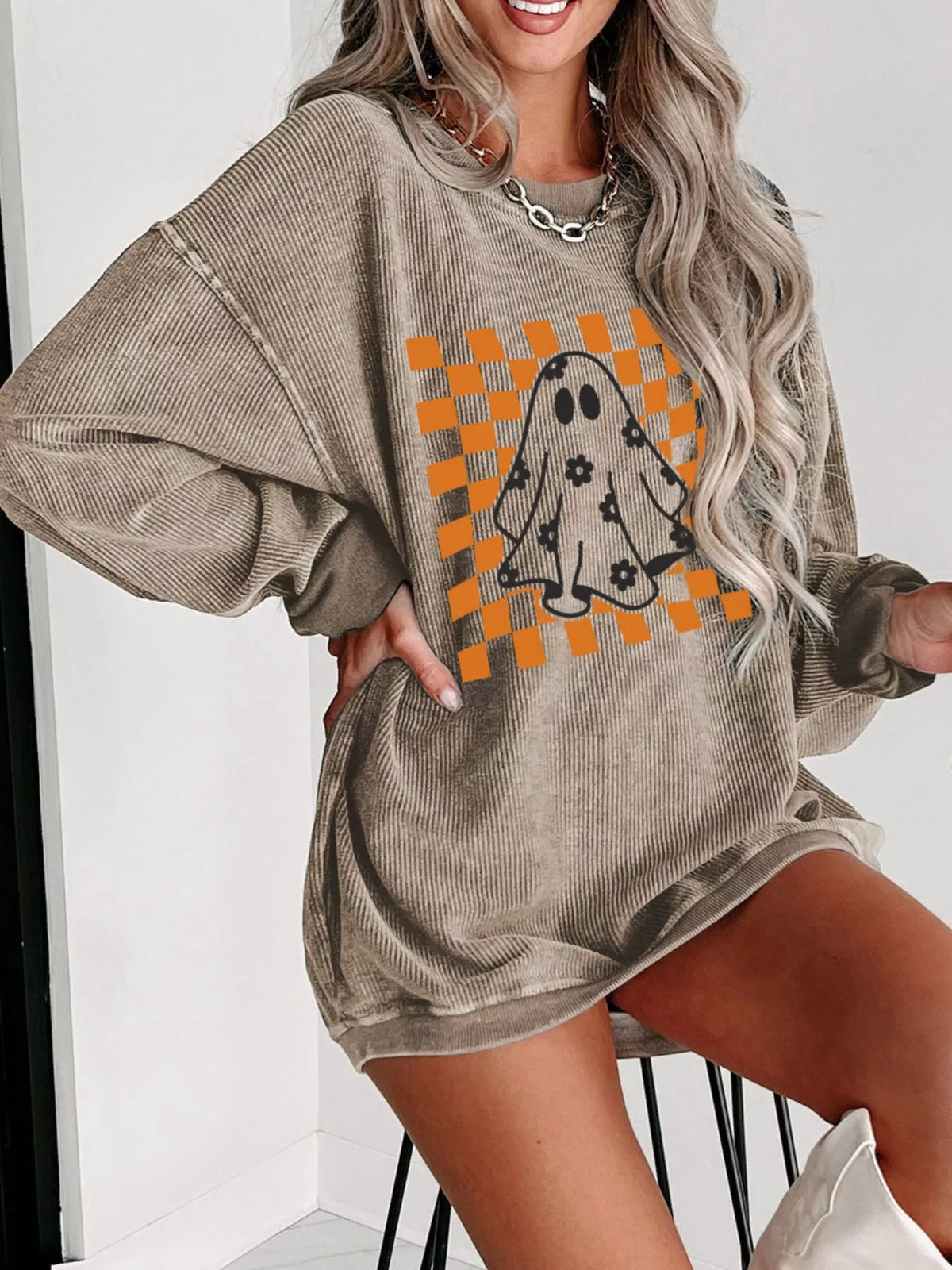 Halloween Checkerboard Floral Ghost Graphic Corded Sweatshirt Khaki OutfitFlow