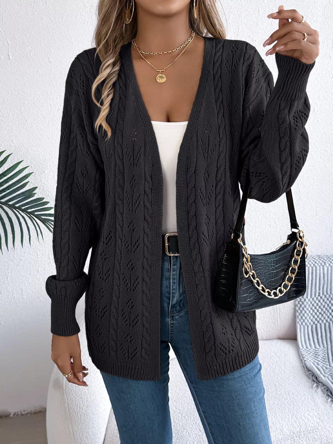 Openwork Open Front Long Sleeve Cardigan OutfitFlow