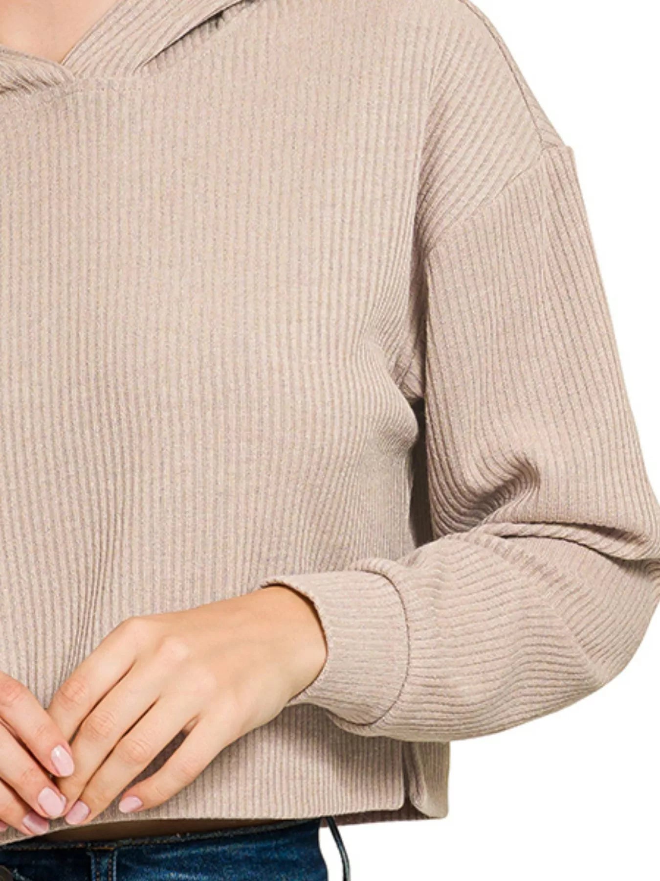 Zenana Drop Shoulder Ribbed Crop Hoodie OutfitFlow