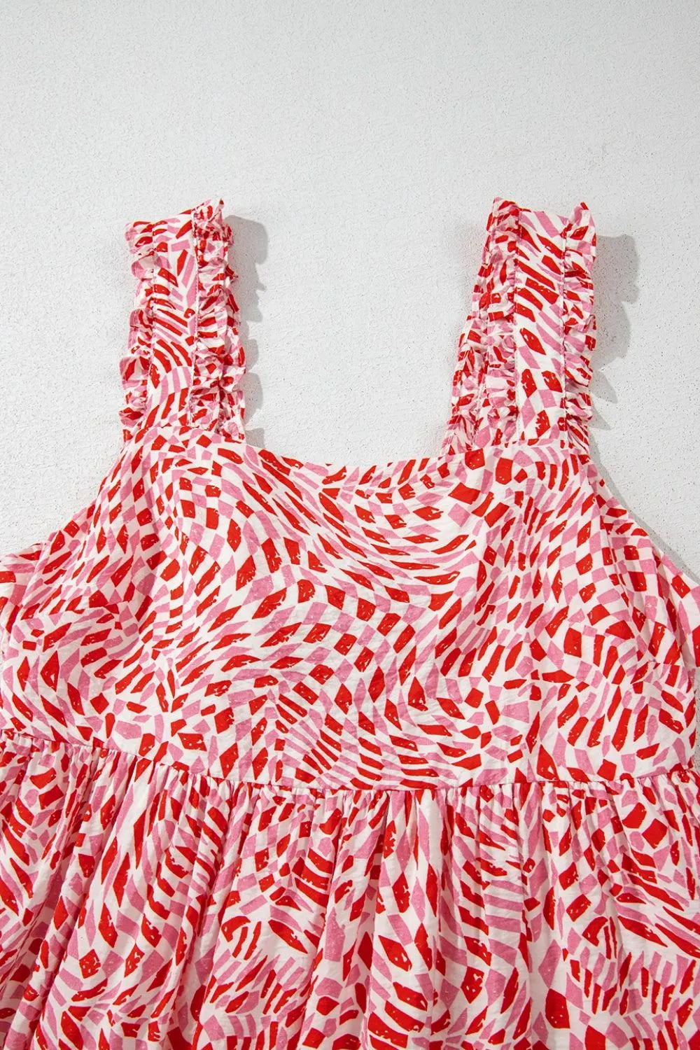 Geometric Print Knot Back Sleeveless Ruffle Hem Dress OutfitFlow