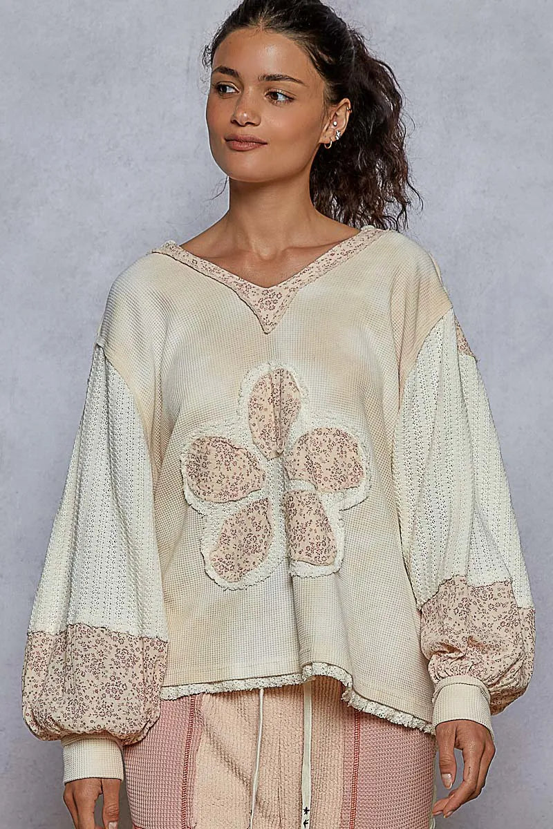 POL Raw Hem Washed Hoodie with Flower Patch Cream OutfitFlow
