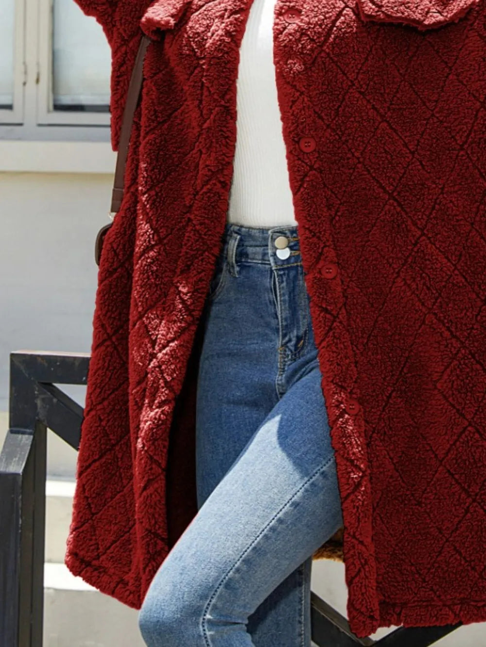 Texture Button Up Dropped Shoulder Coat OutfitFlow