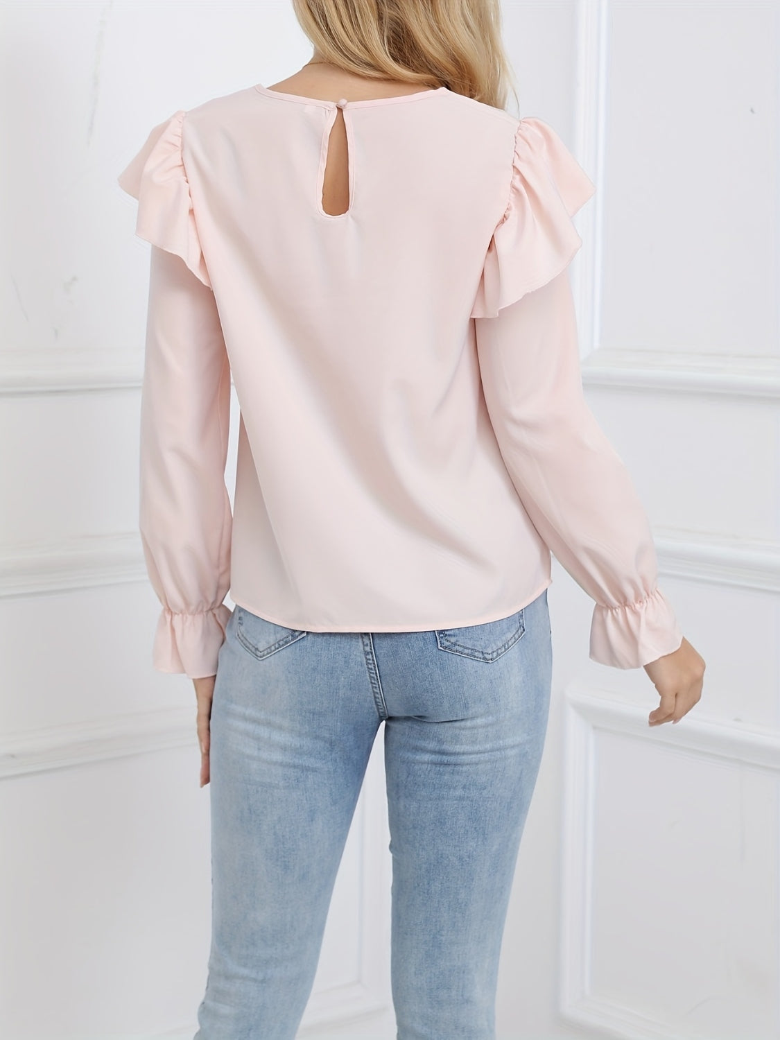 Ruffled Round Neck Long Sleeve Blouse OutfitFlow