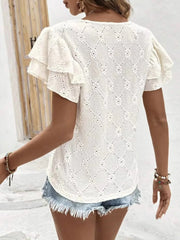 Eyelet V-Neck Short Sleeve Blouse OutfitFlow