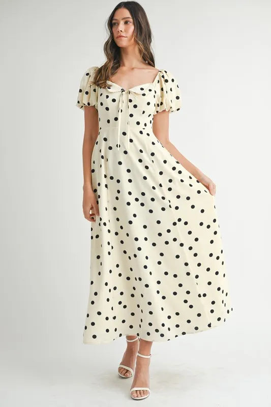 MABLE Polka Dot Puff Sleeve Midi Dress Cream OutfitFlow