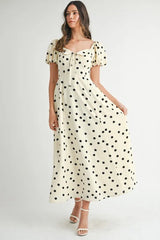 MABLE Polka Dot Puff Sleeve Midi Dress Cream OutfitFlow