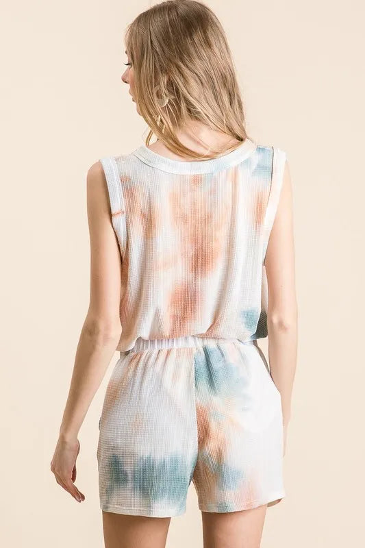 BiBi Tie Dye Textured Knit Top and Shorts Set OutfitFlow