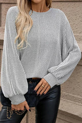 Striped Round Neck Long Sleeve Top Gray Trendsi