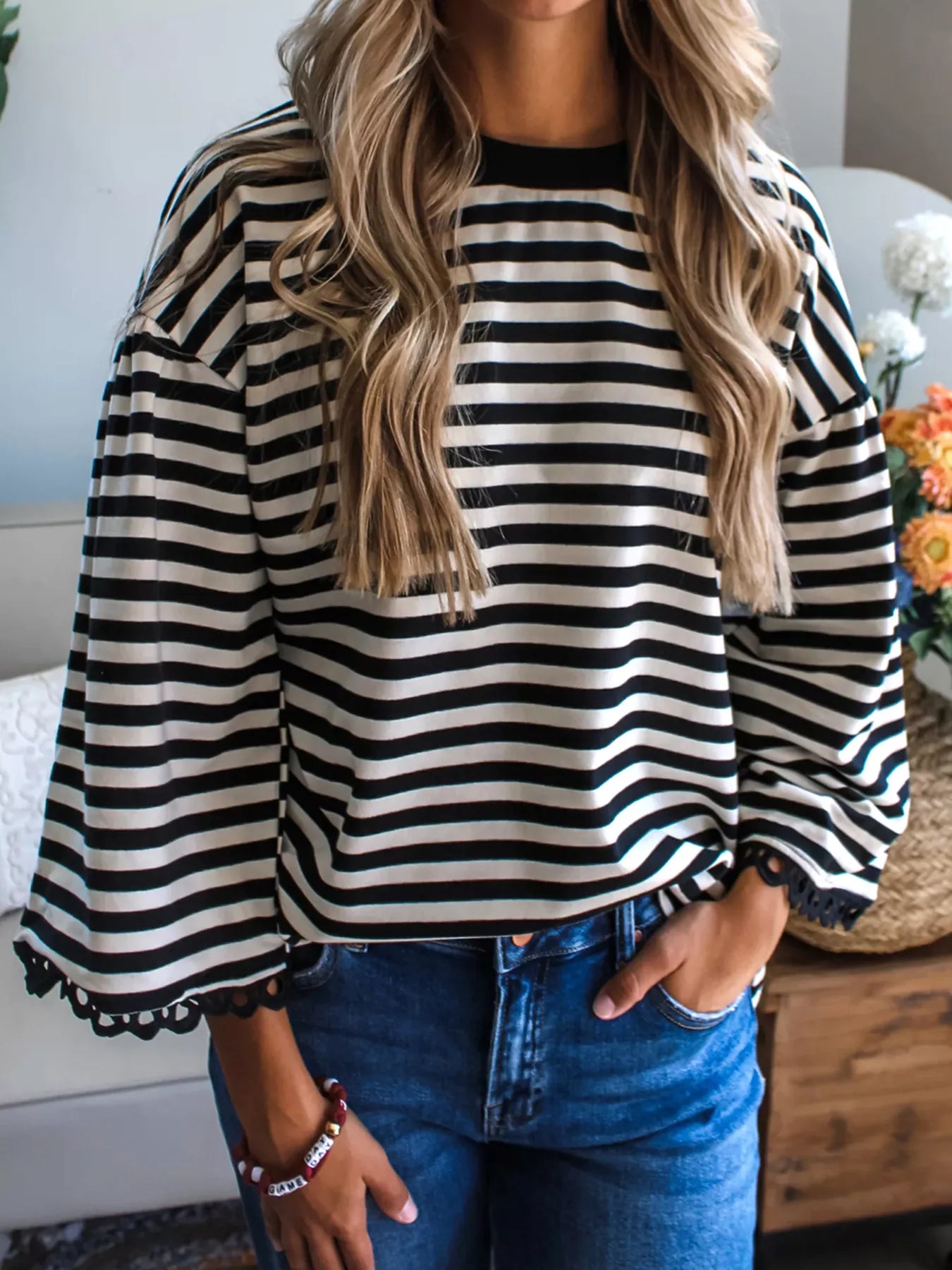 Striped Round Neck Bell Sleeve Top OutfitFlow