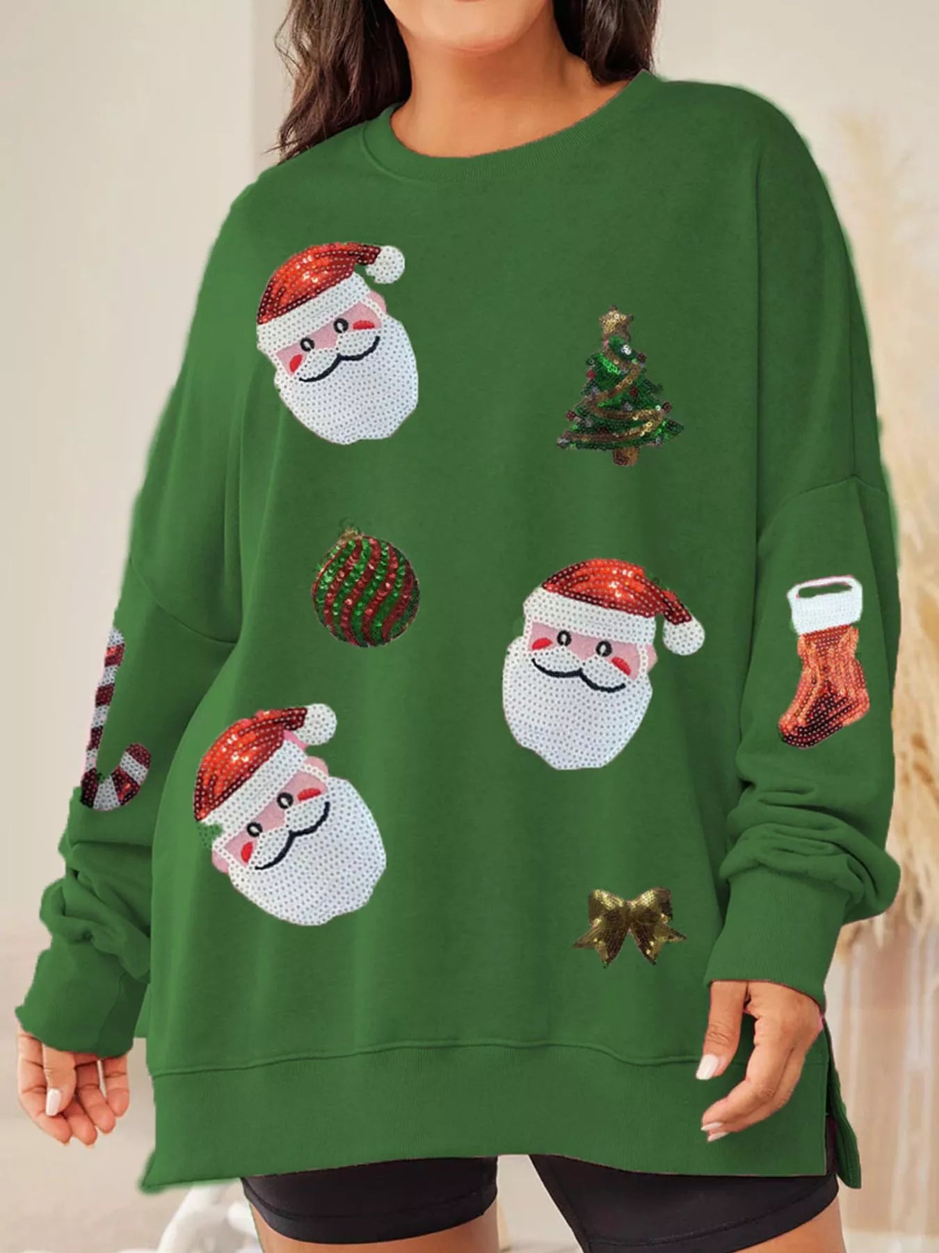 Christmas Santa Round Neck Long Sleeve Sweatshirt Green OutfitFlow