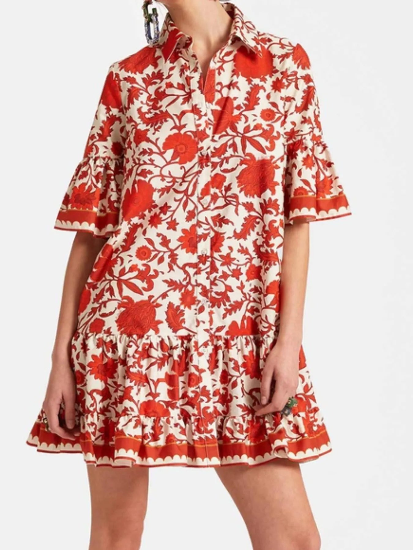 Floral Print Ruffle Sleeve Mini Dress Red OutfitFlow