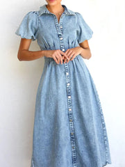 Puff Sleeve Button Front Denim Midi Dress OutfitFlow
