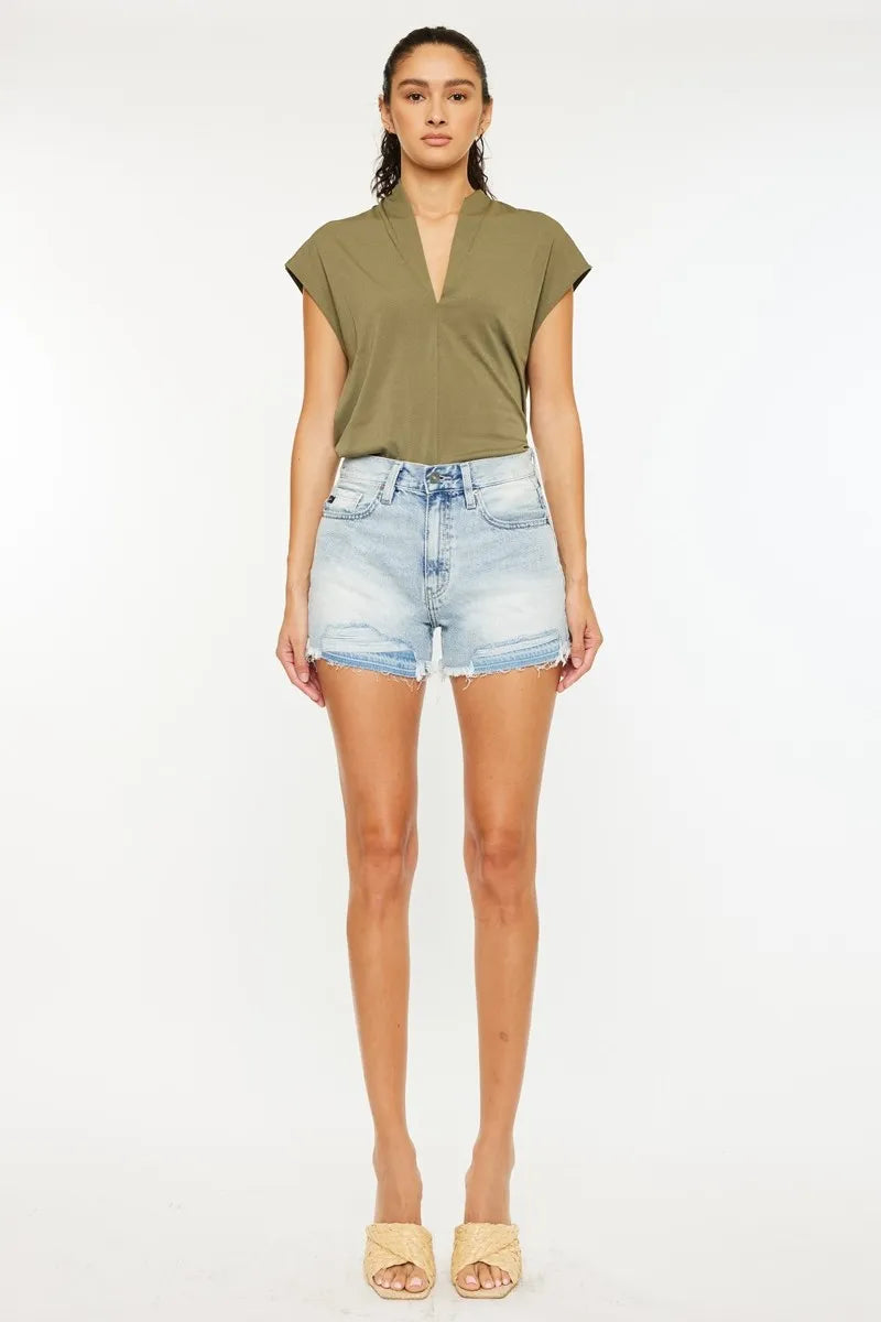 Kancan High Rise Raw Hem Denim Shorts OutfitFlow