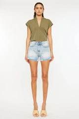 Kancan High Rise Raw Hem Denim Shorts OutfitFlow