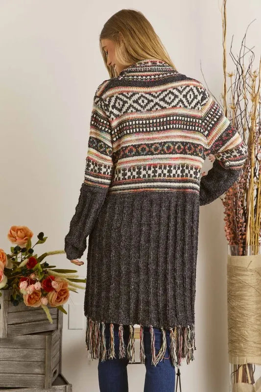 ADORA Full Size Fringe Hem Aztec Cardigan Plus Size OutfitFlow