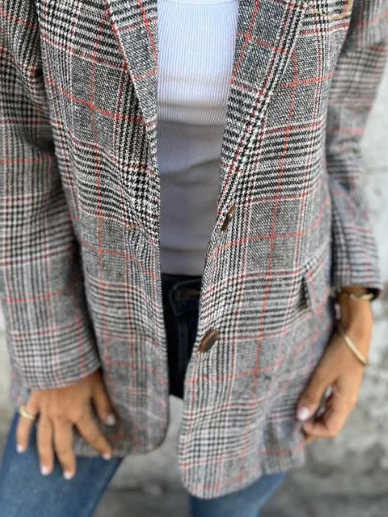 Full Size Plaid Single-Breasted Long Sleeve Blazer Plus Size Trendsi