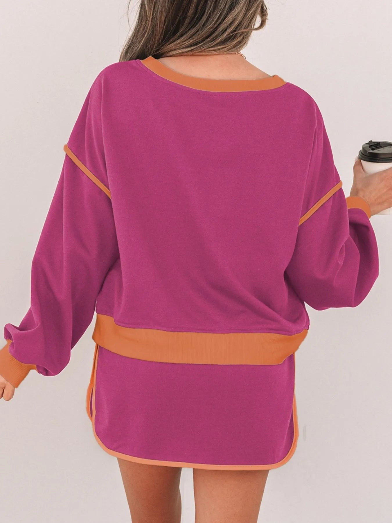 Contrast Trim Long Sleeve Top and Skort Set OutfitFlow