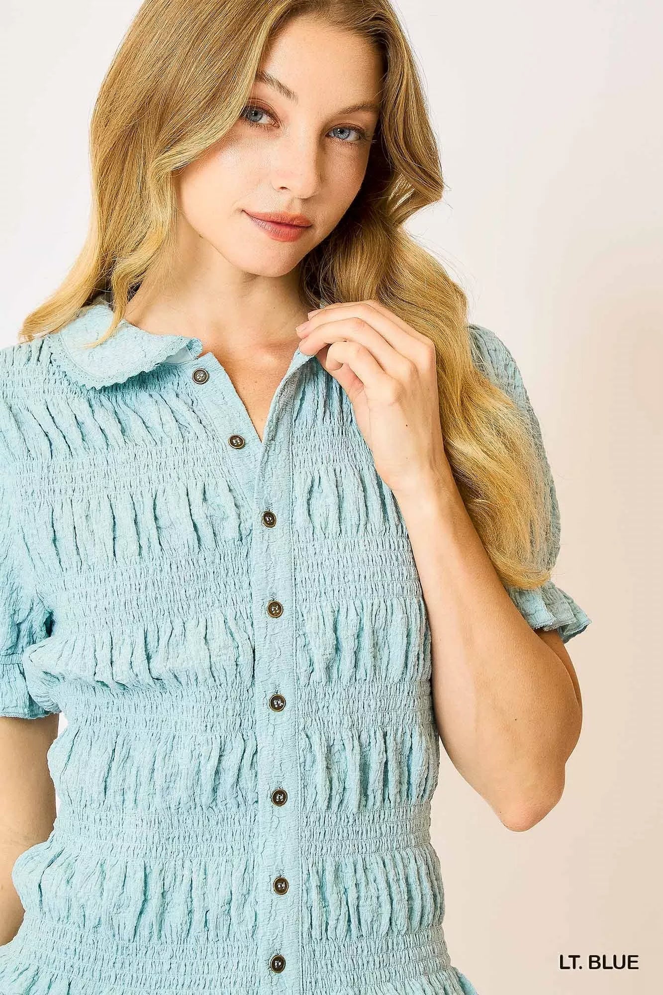 Umgee Smocked Short Sleeve Button-Front Shirt with Peter Pan Collar Trendsi