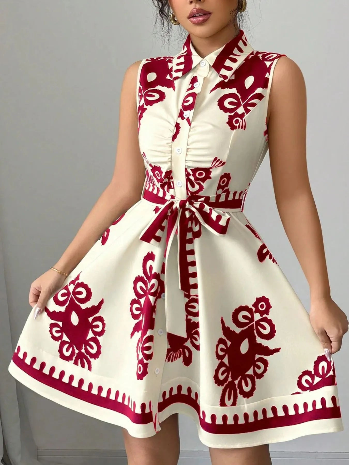 Printed Sleeveless Tie Waist Mini Dress Red OutfitFlow