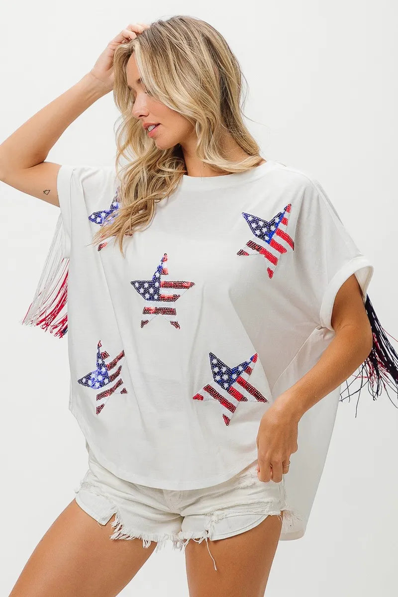 BiBi American Flag Sequin Star Fringe Top OutfitFlow