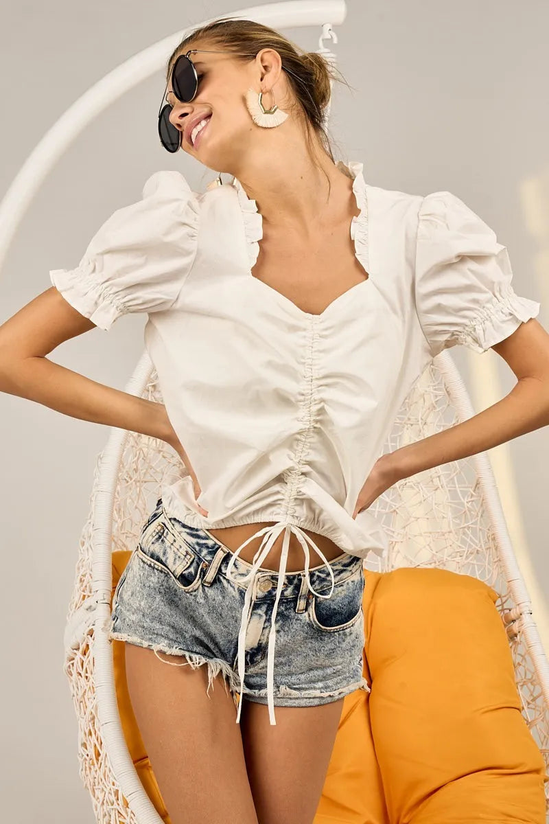 BiBi Ruffled Square Neck With Front Ruched Puff Sleeve OutfitFlow