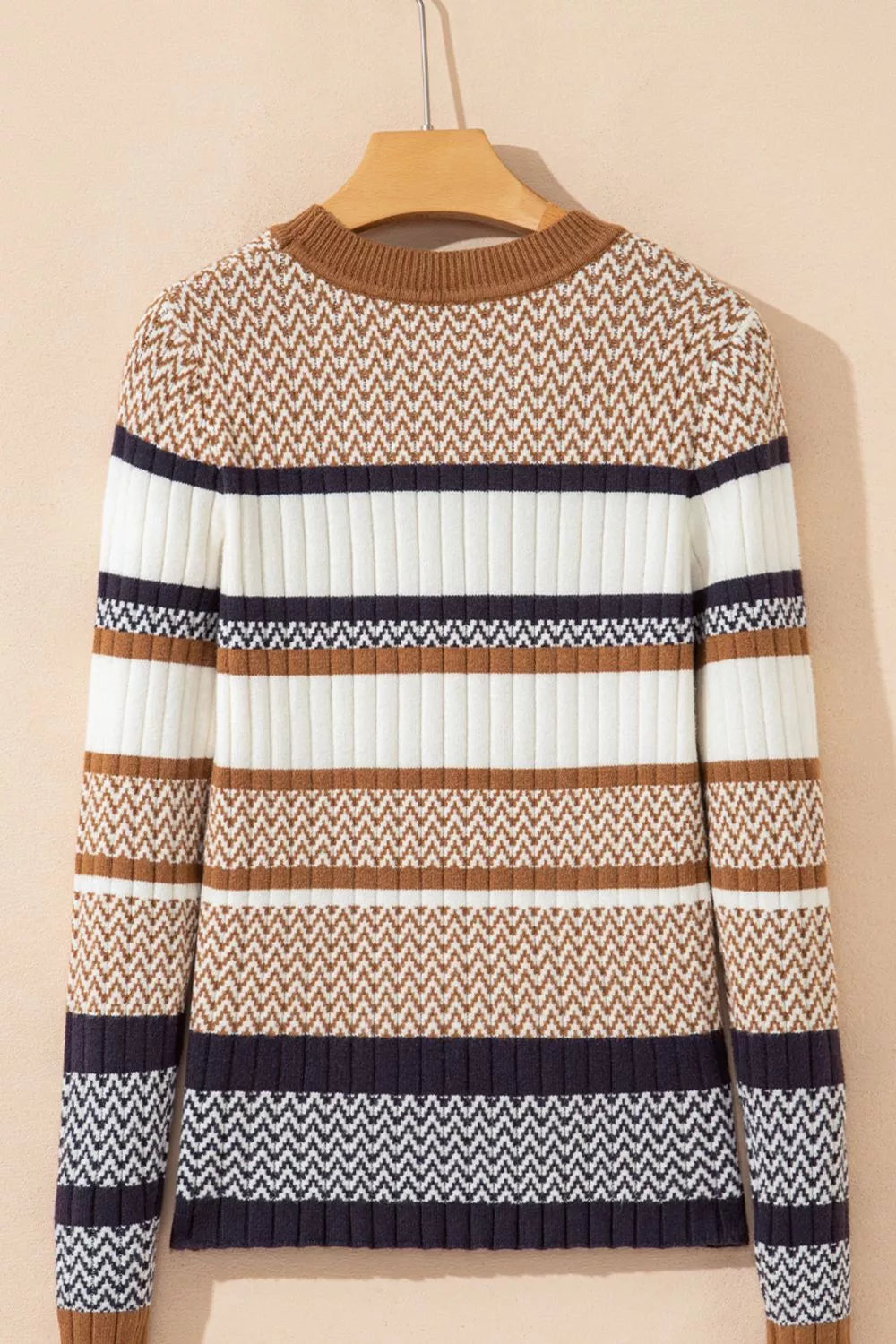 Stripe Stylish Pattern Knitted Ribbed Trim Slim Sweater OutfitFlow