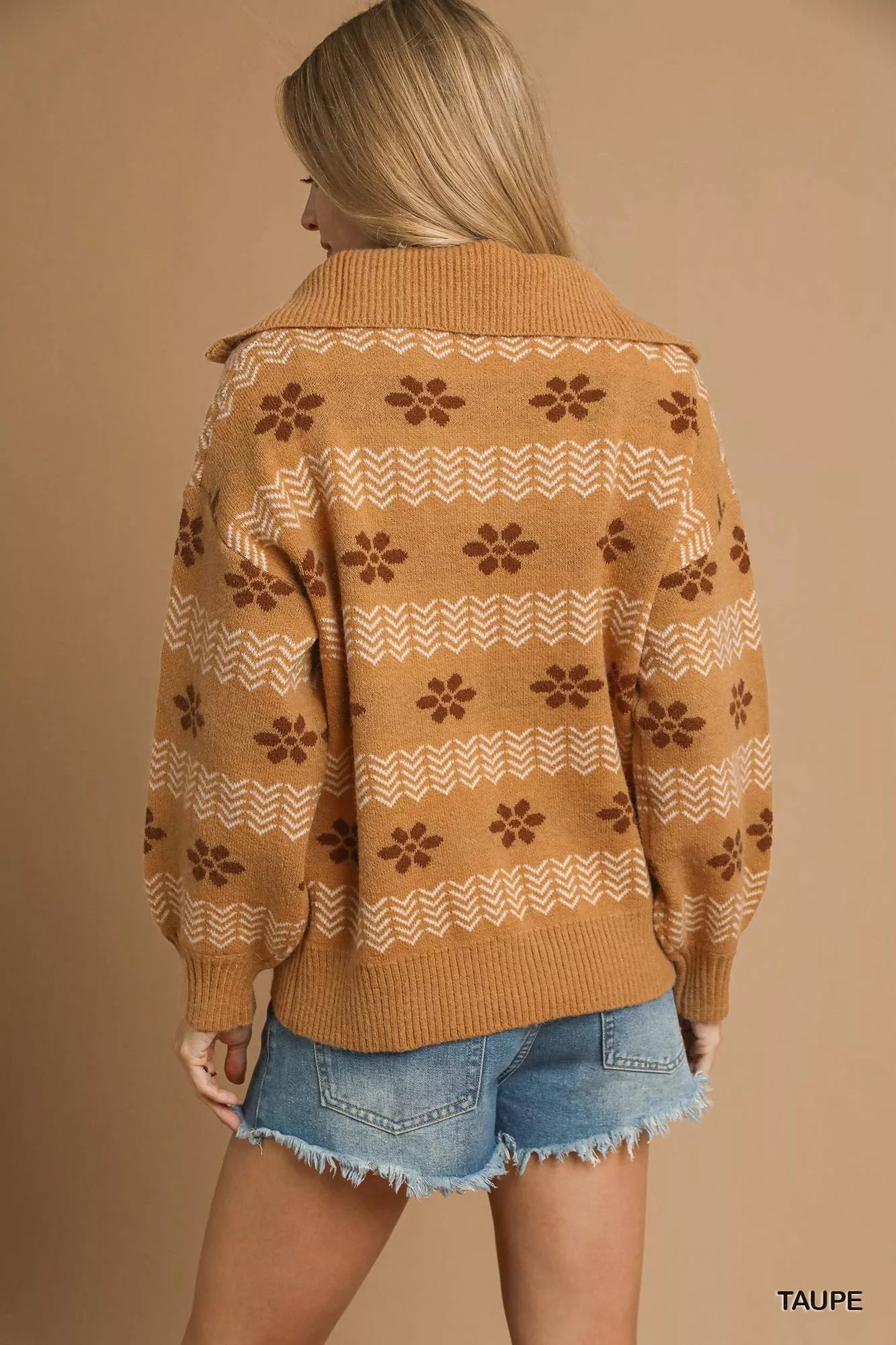 Umgee Floral Patterned Jacquard Quarter-Zip Pullover Sweater Trendsi