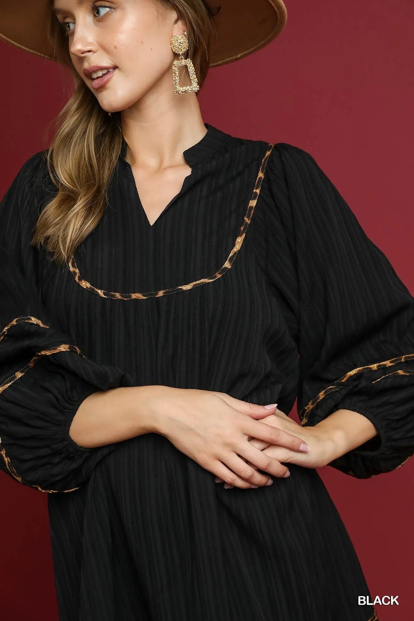 Umgee Full Size Textured Babydoll Dress with Leopard Trim Plus Size OutfitFlow