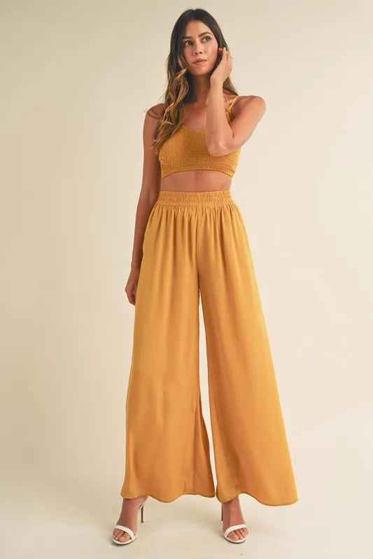 MABLE Smocked Bralette Crop Top and Wide Leg Pants Set OutfitFlow