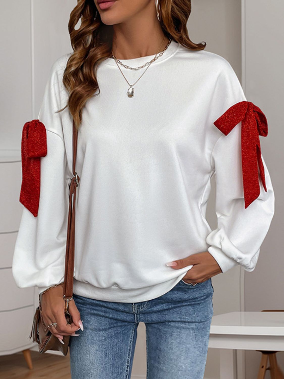 Outfit Flow - Perfee Bow Round Neck Long Sleeve Sweatshirt