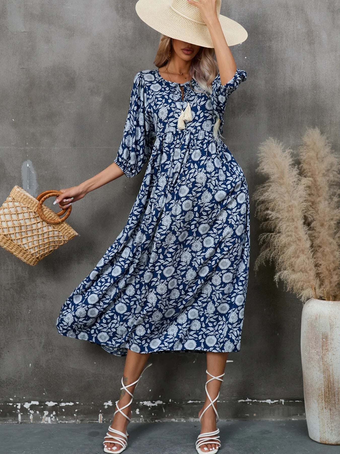 Printed Tie Neck Midi Dress OutfitFlow