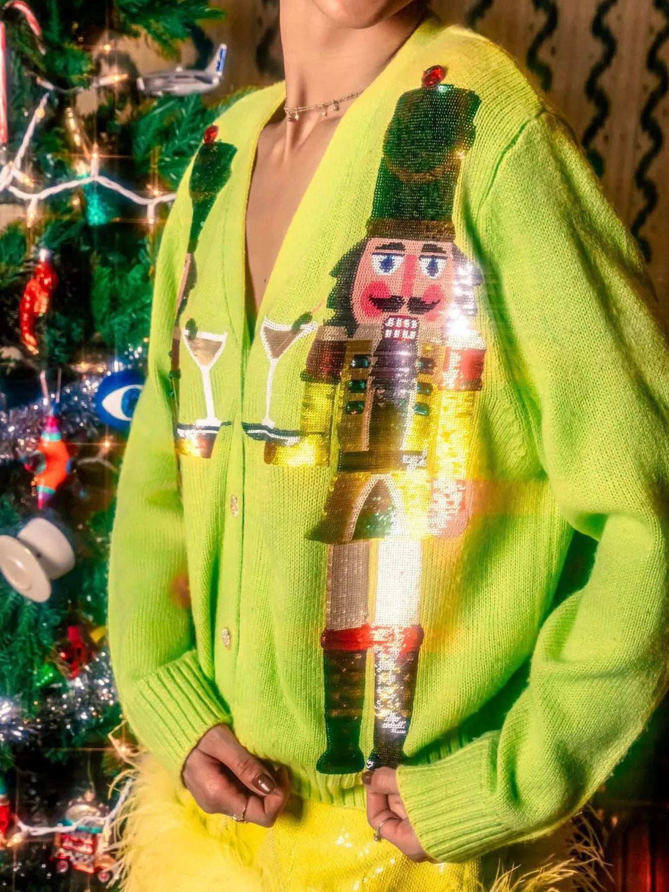 Nutcracker Ribbed Hem V-Neck Cardigan Yellow Green Trendsi