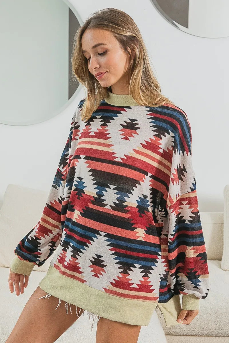 BiBi Aztec Print Mirr Mock Neck Lslv Top OutfitFlow