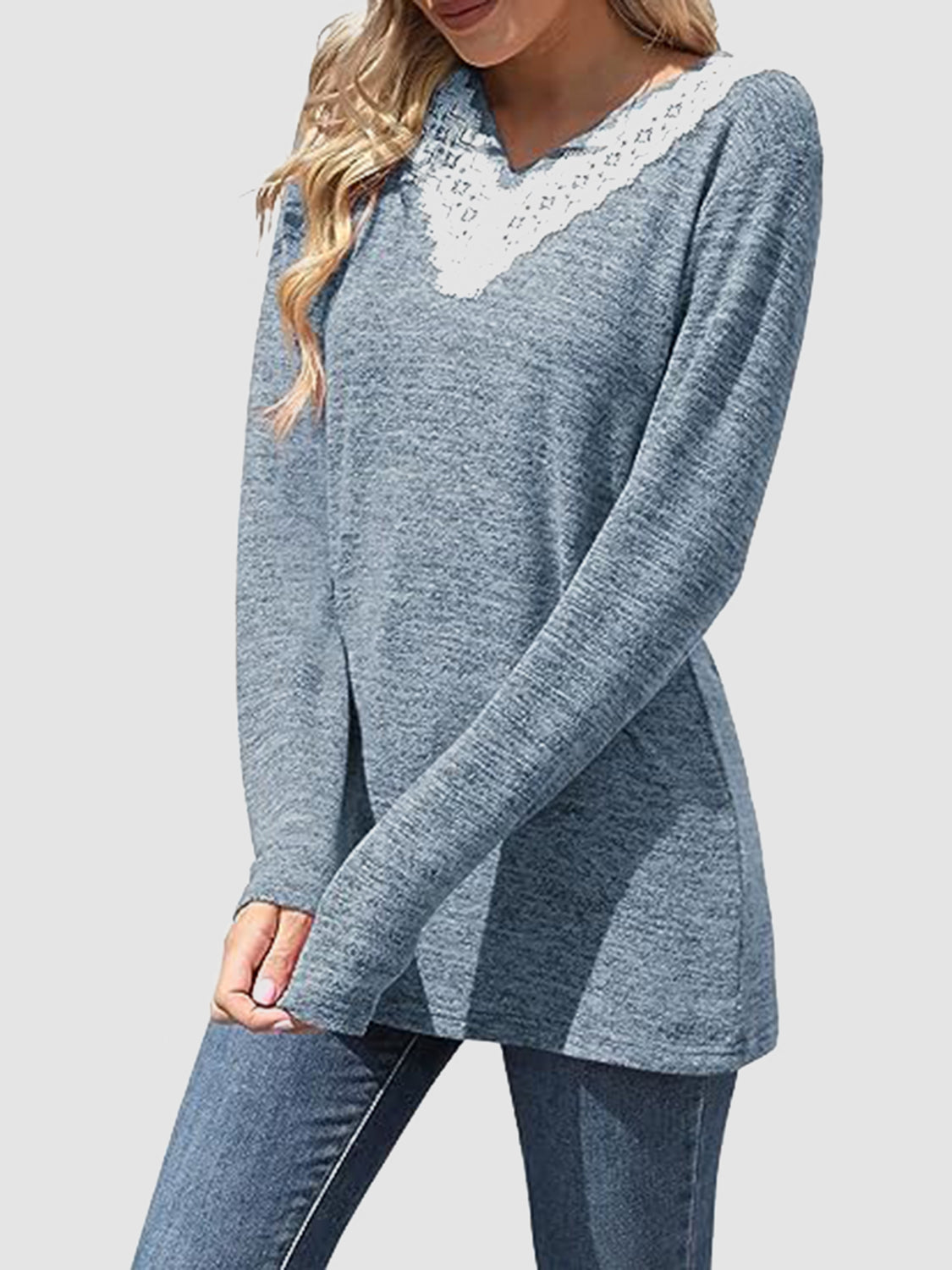 Outfit Flow - Lace Detail V-Neck Long Sleeve T-Shirt